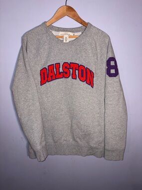 H&M Grey Dalston Crewneck Sweatshirt with Red Lettering and Purple Sleeve Patch